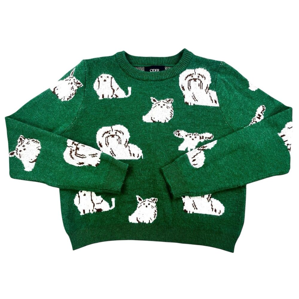 Cider Sweater Womens Size M Green Dog Shih Tzu Motif Wool Blend Crew Neck